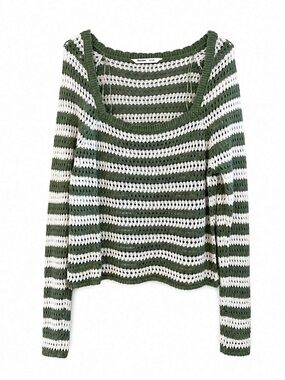 Bluenotes Green White Stripe Cotton Crochet Knit Sweater – Size XL EUC